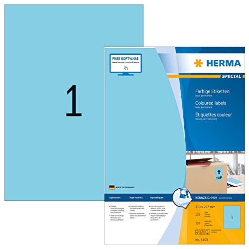 HERMA 4403 Farbige Etiketten blau, 100 Blatt, 210 x 297 mm, 1 pro A4 Bogen, 100 Stück, selbstklebend, bedruckbar, matt, blanko Papier Farbetiketten Aufkleber von HERMA
