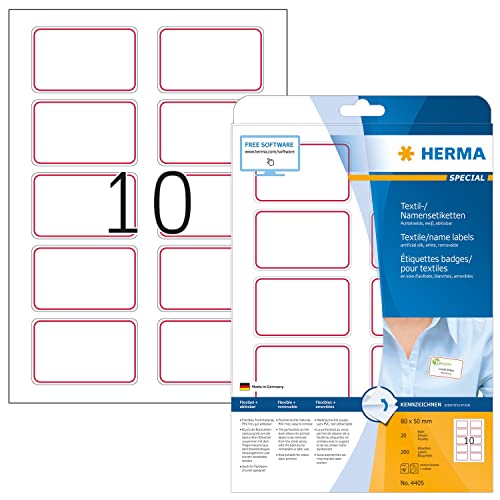 HERMA 4405 Namensetiketten ablösbar, 640 Blatt, 80 x 50 mm, 10 pro A4 Bogen, 6400 Stück, selbstklebend, bedruckbar, rückstandsfrei abziehbare Acetatseide Namensaufkleber Etiketten, weiß rot von HERMA