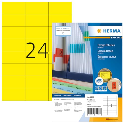 HERMA 4406 Farbige Etiketten gelb, 100 Blatt, 70 x 37 mm, 24 pro A4 Bogen, 2400 Stück, selbstklebend, bedruckbar, matt, blanko Papier Farbetiketten Aufkleber HERMA 4406 Farbige Etiketten gelb, 100 Blatt, 70 x 37 mm, 24 pro A4 Bogen, 2400 Stück, selbstklebend, bedruckbar, matt, blanko Papier Farbetiketten Aufkleber von HERMA