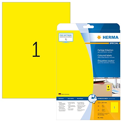 HERMA 4421 Farbige Etiketten gelb ablösbar, 20 Blatt, 210 x 297 mm, 1 pro A4 Bogen, 20 Stück, selbstklebend, bedruckbar, matt, blanko Papier Farbetiketten Aufkleber von HERMA