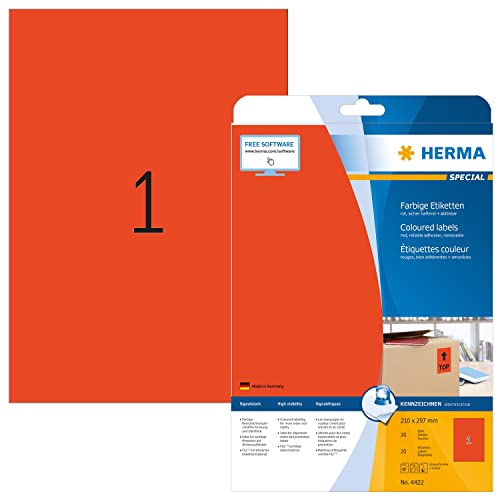 HERMA 4422 Farbige Etiketten rot ablösbar, 640 Blatt, 210 x 297 mm, 1 pro A4 Bogen, 640 Stück, selbstklebend, bedruckbar, matt, blanko Papier Farbetiketten Aufkleber von HERMA