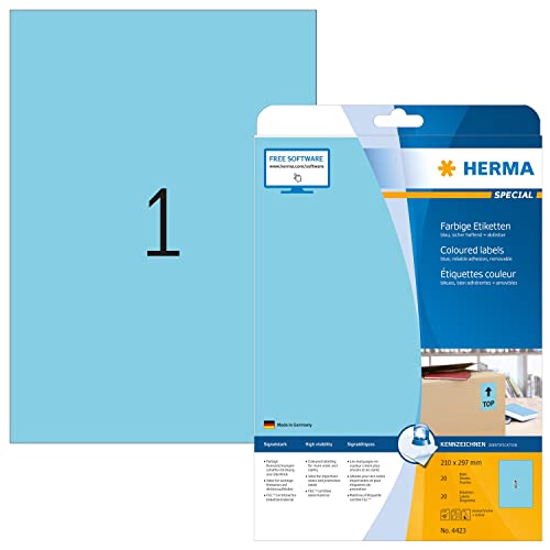 HERMA 4423 Farbige Etiketten blau ablösbar, 20 Blatt, 210 x 297 mm, 1 pro A4 Bogen, 20 Stück, selbstklebend, bedruckbar, matt, blanko Papier Farbetiketten Aufkleber von HERMA