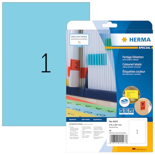 HERMA 4423 Farbige Etiketten blau ablösbar, 640 Blatt, 210 x 297 mm, 1 pro A4 Bogen, 640 Stück, selbstklebend, bedruckbar, matt, blanko Papier Farbetiketten Aufkleber HERMA 4423 Farbige Etiketten blau ablösbar, 640 Blatt, 210 x 297 mm, 1 pro A4 Bogen, 640 Stück, selbstklebend, bedruckbar, matt, blanko Papier Farbetiketten Aufkleber von HERMA