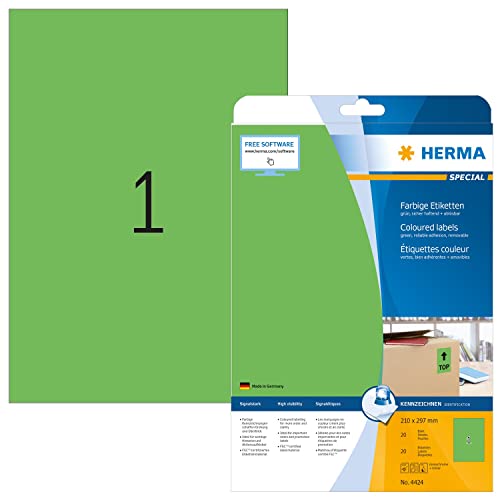 HERMA 4424 Farbige Etiketten grün ablösbar, 20 Blatt, 210 x 297 mm, 1 pro A4 Bogen, 20 Stück, selbstklebend, bedruckbar, matt, blanko Papier Farbetiketten Aufkleber von HERMA