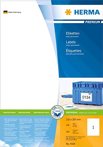 HERMA 4428 Universal Etiketten, 1400 Blatt, 210 x 297 mm, 1 pro A4 Bogen, 1400 Stück, selbstklebend, bedruckbar, matt, blanko Papier Klebeetiketten Aufkleber, weiß von HERMA