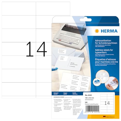 HERMA 4442 Adressetiketten für Schreibmaschinen, 20 Blatt, 105 x 42 mm, 14 pro A4 Bogen, 280 Stück, selbstklebend, bedruckbar, matt, blanko Papier Klebeetiketten Adressaufkleber Etiketten, weiß HERMA 4442 Adressetiketten für Schreibmaschinen, 20 Blatt, 105 x 42 mm, 14 pro A4 Bogen, 280 Stück, selbstklebend, bedruckbar, matt, blanko Papier Klebeetiketten Adressaufkleber Etiketten, weiß von HERMA