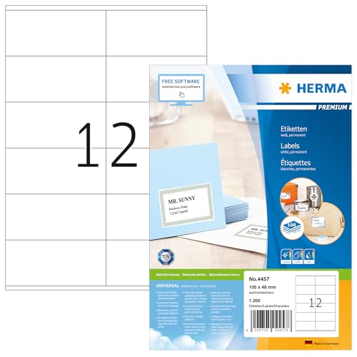 HERMA 4457 Universal Etiketten, 100 Blatt, 105 x 48 mm, 12 pro A4 Bogen, 1200 Stück, selbstklebend, bedruckbar, matt, blanko Papier Klebeetiketten Aufkleber, weiß von HERMA