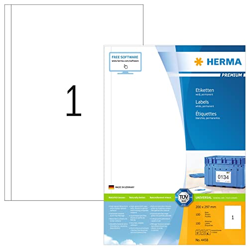 HERMA 4458 Universal Etiketten, 100 Blatt, 200 x 297 mm, 1 pro A4 Bogen, 100 Stück, selbstklebend, bedruckbar, matt, blanko Papier Klebeetiketten Aufkleber, weiß von HERMA