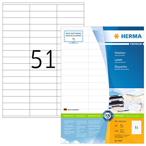 HERMA 4459 Universal Etiketten, 100 Blatt, 70 x 16,9 mm, 51 pro A4 Bogen, 5100 Stück, selbstklebend, bedruckbar, matt, blanko Papier Klebeetiketten Aufkleber, weiß von HERMA