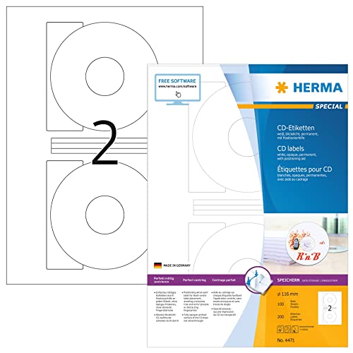 HERMA 4471 CD DVD Etiketten inkl. Zentrierhilfe blickdicht, 100 Blatt, Ø 116 mm, 2 pro A4 Bogen, 200 Stück, selbstklebend, bedruckbar, matt, blanko Papier Klebeetiketten Aufkleber, weiß von HERMA