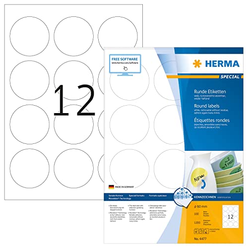 HERMA 4477 Universal Etiketten ablösbar rund, 100 Blatt, Ø 60 mm, 12 pro A4 Bogen, 1200 Stück, selbstklebend, bedruckbar, matt, blanko Papier Klebeetiketten Aufkleber, weiß von HERMA