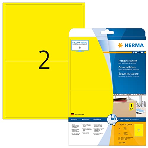 HERMA 4496 Farbige Etiketten gelb ablösbar, 640 Blatt, 199,6 x 143,5 mm, 2 pro A4 Bogen, 1280 Stück, selbstklebend, bedruckbar, matt, blanko Papier Farbetiketten Aufkleber von HERMA