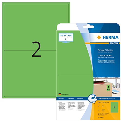 HERMA 4499 Farbige Etiketten grün ablösbar, 640 Blatt, 199,6 x 143,5 mm, 2 pro A4 Bogen, 1280 Stück, selbstklebend, bedruckbar, matt, blanko Papier Farbetiketten Aufkleber von HERMA