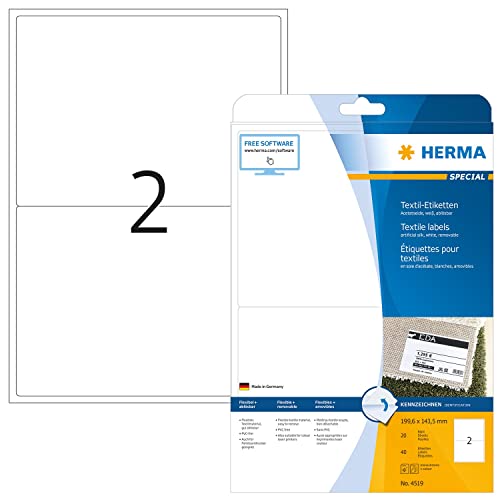 HERMA 4519 Namensetiketten ablösbar, 20 Blatt, 199,6 x 143,5 mm, 2 pro A4 Bogen, 40 Stück, selbstklebend, bedruckbar, rückstandsfrei abziehbare Acetatseide Namensaufkleber Etiketten, weiß von HERMA