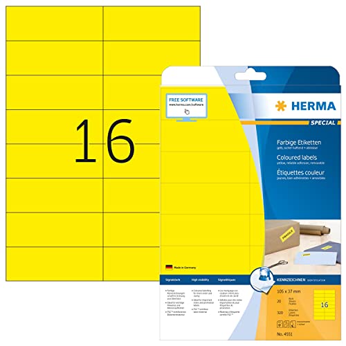 HERMA 4551 Farbige Etiketten gelb ablösbar, 20 Blatt, 105 x 37 mm, 16 pro A4 Bogen, 320 Stück, selbstklebend, bedruckbar, matt, blanko Papier Farbetiketten Aufkleber von HERMA