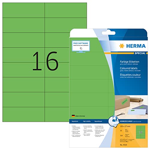 HERMA 4554 Farbige Etiketten grün ablösbar, 640 Blatt, 105 x 37 mm, 16 pro A4 Bogen, 10240 Stück, selbstklebend, bedruckbar, matt, blanko Papier Farbetiketten Aufkleber von HERMA