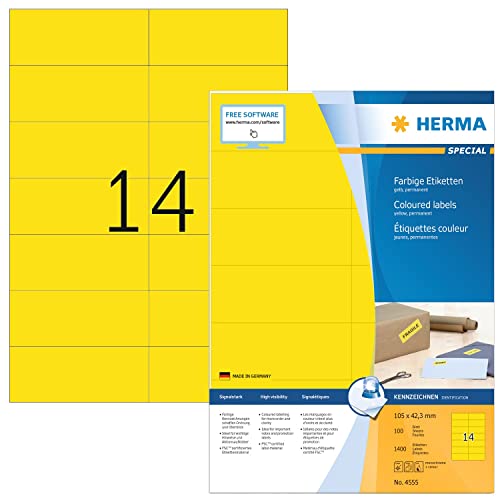 HERMA 4555 Farbige Etiketten gelb, 100 Blatt, 105 x 42,3 mm, 14 pro A4 Bogen, 1400 Stück, selbstklebend, bedruckbar, matt, blanko Papier Farbetiketten Aufkleber von HERMA