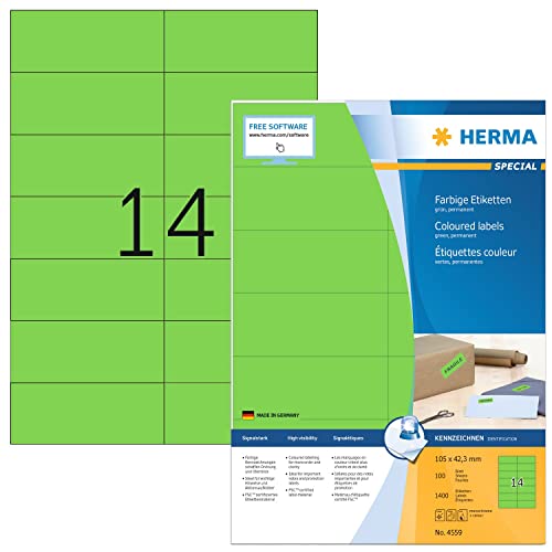 HERMA 4559 Farbige Etiketten grün, 100 Blatt, 105 x 42,3 mm, 14 pro A4 Bogen, 1400 Stück, selbstklebend, bedruckbar, matt, blanko Papier Farbetiketten Aufkleber von HERMA
