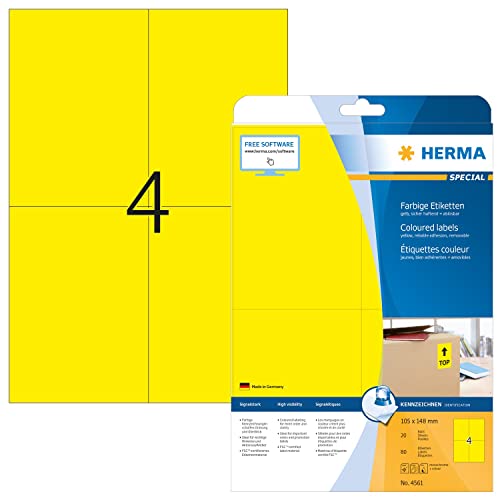 HERMA 4561 Farbige Etiketten gelb ablösbar, 640 Blatt, 105 x 148 mm, 4 pro A4 Bogen, 2560 Stück, selbstklebend, bedruckbar, matt, blanko Papier Farbetiketten Aufkleber von HERMA