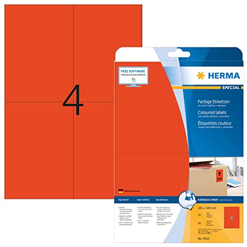 HERMA 4562 Farbige Etiketten rot ablösbar, 640 Blatt, 105 x 148 mm, 4 pro A4 Bogen, 2560 Stück, selbstklebend, bedruckbar, matt, blanko Papier Farbetiketten Aufkleber von HERMA