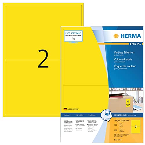 HERMA 4565 Farbige Etiketten gelb, 100 Blatt, 199,6 x 143,5 mm, 2 pro A4 Bogen, 200 Stück, selbstklebend, bedruckbar, matt, blanko Papier Farbetiketten Aufkleber von HERMA