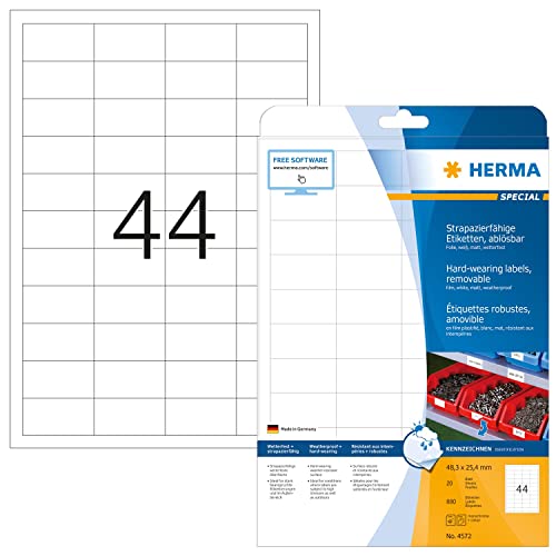 HERMA 4572 Wetterfeste Folienetiketten ablösbar, 20 Blatt, 48,3 x 25,4 mm, 44 pro A4 Bogen, 880 Stück, selbstklebend, bedruckbar, matt, blanko Klebeetiketten Aufkleber aus Folie, weiß von HERMA