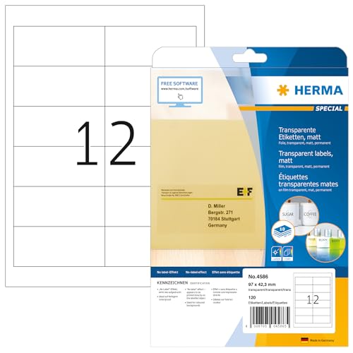 HERMA 4586 Wetterfeste Folienetiketten transparent, 10 Blatt, 97 x 42,3 mm, 12 pro A4 Bogen, 120 Stück, selbstklebend, bedruckbar, matt, blanko Klebeetiketten Aufkleber aus Folie, durchsichtig HERMA 4586 Wetterfeste Folienetiketten transparent, 10 Blatt, 97 x 42,3 mm, 12 pro A4 Bogen, 120 Stück, selbstklebend, bedruckbar, matt, blanko Klebeetiketten Aufkleber aus Folie, durchsichtig von HERMA