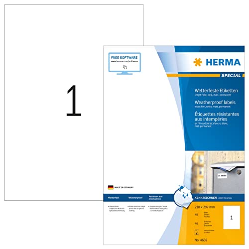 HERMA 4602 Wetterfeste Folienetiketten für Inkjet Drucker, 560 Blatt, 210 x 297 mm, 1 pro A4 Bogen, 560 Stück, selbstklebend, bedruckbar, matt, Klebeetiketten Aufkleber für Tintenstrahldrucker, weiß von HERMA