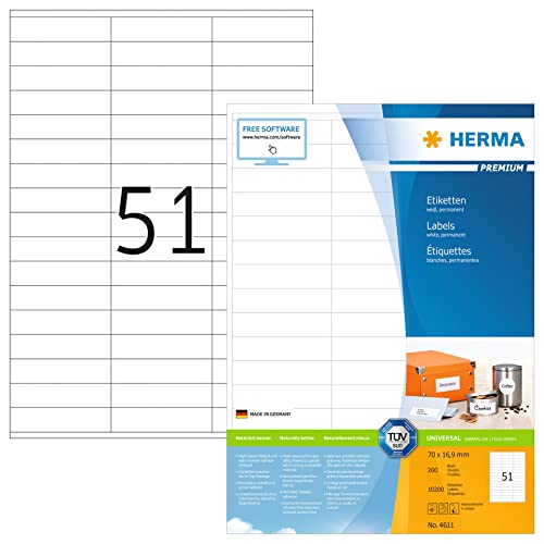 HERMA 4611 Universal Etiketten, 1600 Blatt, 70 x 16,9 mm, 51 pro A4 Bogen, 81600 Stück, selbstklebend, bedruckbar, matt, blanko Papier Klebeetiketten Aufkleber, weiß HERMA 4611 Universal Etiketten, 1600 Blatt, 70 x 16,9 mm, 51 pro A4 Bogen, 81600 Stück, selbstklebend, bedruckbar, matt, blanko Papier Klebeetiketten Aufkleber, weiß von HERMA