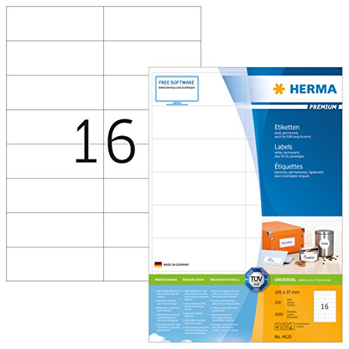 HERMA 4620 Adressetiketten, 200 Blatt, 105 x 37 mm, 16 pro A4 Bogen, 3200 Stück, selbstklebend, bedruckbar, matt, blanko Papier Adressaufkleber Etiketten, weiß HERMA 4620 Adressetiketten, 200 Blatt, 105 x 37 mm, 16 pro A4 Bogen, 3200 Stück, selbstklebend, bedruckbar, matt, blanko Papier Adressaufkleber Etiketten, weiß von HERMA