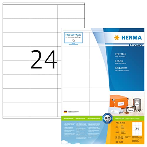 HERMA 4633 Adressetiketten, 1600 Blatt, 70 x 36 mm, 24 pro A4 Bogen, 38400 Stück, selbstklebend, bedruckbar, matt, blanko Papier Adressaufkleber Etiketten, weiß HERMA 4633 Adressetiketten, 1600 Blatt, 70 x 36 mm, 24 pro A4 Bogen, 38400 Stück, selbstklebend, bedruckbar, matt, blanko Papier Adressaufkleber Etiketten, weiß von HERMA