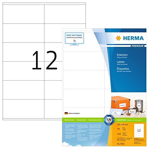 HERMA 4635 Universal Etiketten, 1600 Blatt, 105 x 48 mm, 12 pro A4 Bogen, 19200 Stück, selbstklebend, bedruckbar, matt, blanko Papier Klebeetiketten Aufkleber, weiß HERMA 4635 Universal Etiketten, 1600 Blatt, 105 x 48 mm, 12 pro A4 Bogen, 19200 Stück, selbstklebend, bedruckbar, matt, blanko Papier Klebeetiketten Aufkleber, weiß von HERMA