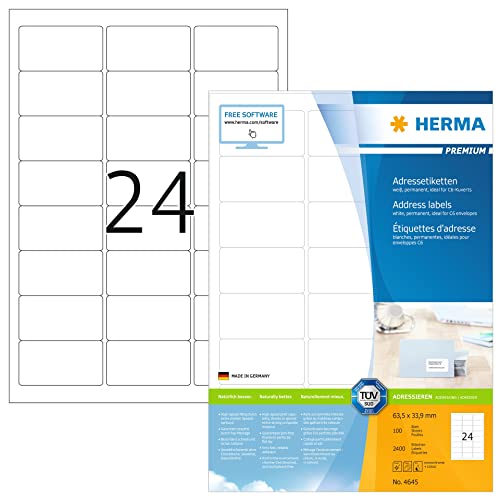 HERMA 4645 Adressetiketten, 1400 Blatt, 63,5 x 33,9 mm, 24 pro A4 Bogen, 33600 Stück, selbstklebend, bedruckbar, matt, blanko Papier Adressaufkleber Etiketten, weiß von HERMA