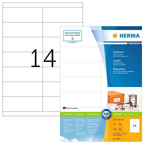 HERMA 4654 Universal Etiketten, 100 Blatt, 105 x 39 mm, 14 pro A4 Bogen, 1400 Stück, selbstklebend, bedruckbar, matt, blanko Papier Klebeetiketten Aufkleber, weiß von HERMA