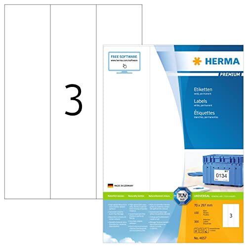 HERMA 4657 Universal Etiketten, 100 Blatt, 70 x 297 mm, 3 pro A4 Bogen, 300 Stück, selbstklebend, bedruckbar, matt, blanko Papier Klebeetiketten Aufkleber, weiß von HERMA