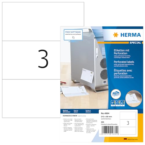 HERMA 4664 Etiketten perforiert, 1400 Blatt, 210 x 99 mm, 3 pro A4 Bogen, 4200 Stück, selbstklebend, bedruckbar, matt, blanko Papier Klebeetiketten Aufkleber mit perforierten Trennlinien, weiß von HERMA