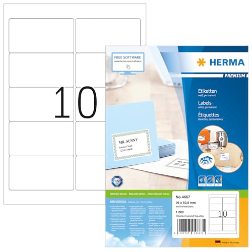 HERMA 4667 Universal Etiketten, 1400 Blatt, 96 x 50,8 mm, 10 pro A4 Bogen, 14000 Stück, selbstklebend, bedruckbar, matt, blanko Papier Klebeetiketten Aufkleber, weiß HERMA 4667 Universal Etiketten, 1400 Blatt, 96 x 50,8 mm, 10 pro A4 Bogen, 14000 Stück, selbstklebend, bedruckbar, matt, blanko Papier Klebeetiketten Aufkleber, weiß von HERMA