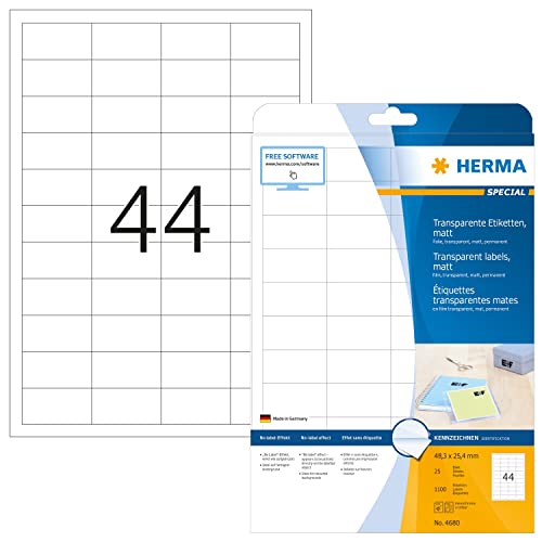 HERMA 4680 Wetterfeste Folienetiketten transparent, 25 Blatt, 48,3 x 25,4 mm, 44 pro A4 Bogen, 1100 Stück, selbstklebend, bedruckbar, matt, blanko Klebeetiketten Aufkleber aus Folie, durchsichtig von HERMA