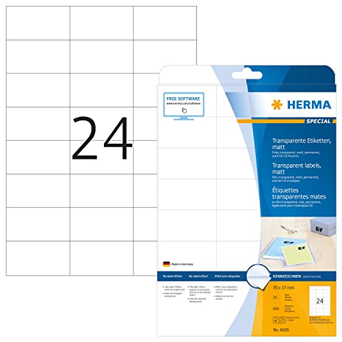 HERMA 4685 Wetterfeste Folienetiketten transparent, 25 Blatt, 70 x 37 mm, 24 pro A4 Bogen, 600 Stück, selbstklebend, bedruckbar, matt, blanko Klebeetiketten Aufkleber aus Folie, durchsichtig von HERMA