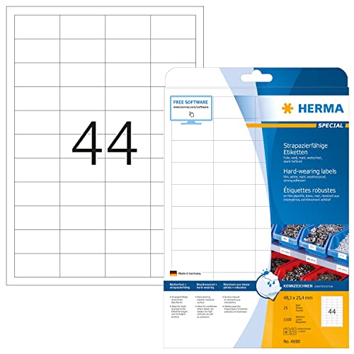 HERMA 4690 Wetterfeste Folienetiketten, 25 Blatt, 48,3 x 25,4 mm, 44 pro A4 Bogen, 1100 Stück, selbstklebend, bedruckbar, matt, blanko Klebeetiketten Aufkleber aus Folie, weiß von HERMA