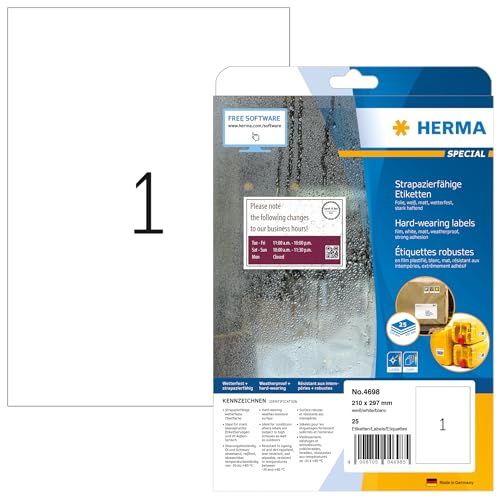 HERMA 4698 Wetterfeste Folienetiketten, 25 Blatt, 210 x 297 mm, 1 pro A4 Bogen, 25 Stück, selbstklebend, bedruckbar, matt, blanko Klebeetiketten Aufkleber aus Folie, weiß HERMA 4698 Wetterfeste Folienetiketten, 25 Blatt, 210 x 297 mm, 1 pro A4 Bogen, 25 Stück, selbstklebend, bedruckbar, matt, blanko Klebeetiketten Aufkleber aus Folie, weiß von HERMA