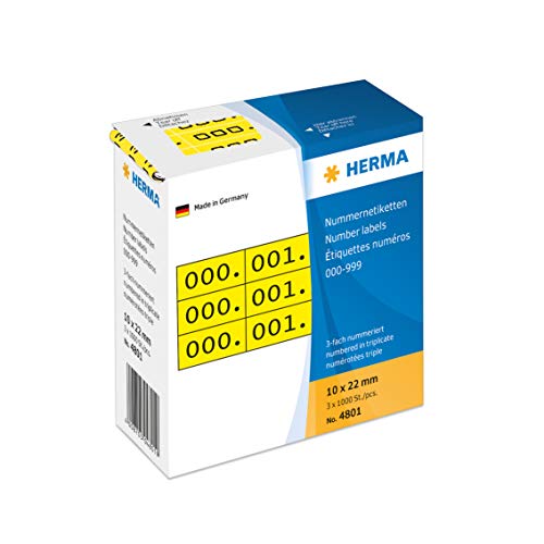 HERMA 4801 Nummernetiketten Zahlen 0-999, dreifach, 3000 Stück, 22 x 10 mm, selbstklebend, matt, 3fach fortlaufende Papier Zahlenetiketten Anlagenummern in Spenderbox, gelb von HERMA