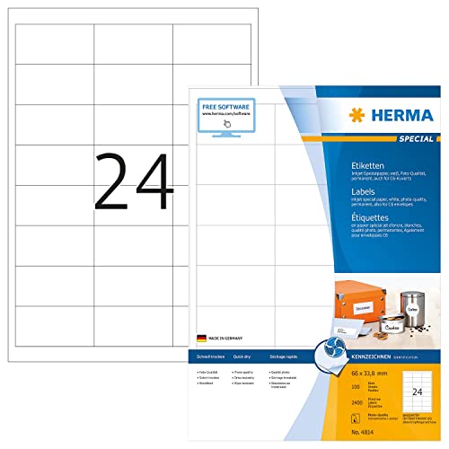HERMA 4814 Universal Etiketten für Inkjet Drucker, 100 Blatt, 66 x 33,8 mm, 24 pro A4 Bogen, 2400 Stück, selbstklebend, bedruckbar, matt, blanko Klebeetiketten Aufkleber für Tintenstrahldrucker, weiß von HERMA