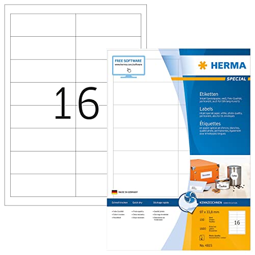 HERMA 4815 Adressetiketten für Inkjet Drucker, 100 Blatt, 97 x 33,8 mm, 16 pro A4 Bogen, 1600 Stück, selbstklebend, bedruckbar, matt, blanko Adressaufkleber Etiketten für Tintenstrahldrucker, weiß von HERMA