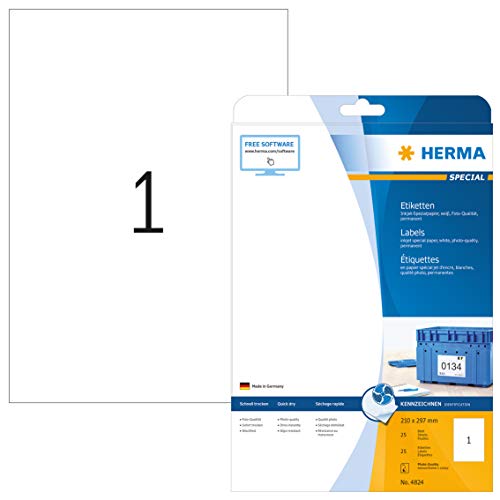 HERMA 4824 Universal Etiketten für Inkjet Drucker, 25 Blatt, 210 x 297 mm, 1 pro A4 Bogen, 25 Stück, selbstklebend, bedruckbar, matt, blanko Klebeetiketten Aufkleber für Tintenstrahldrucker, weiß von HERMA