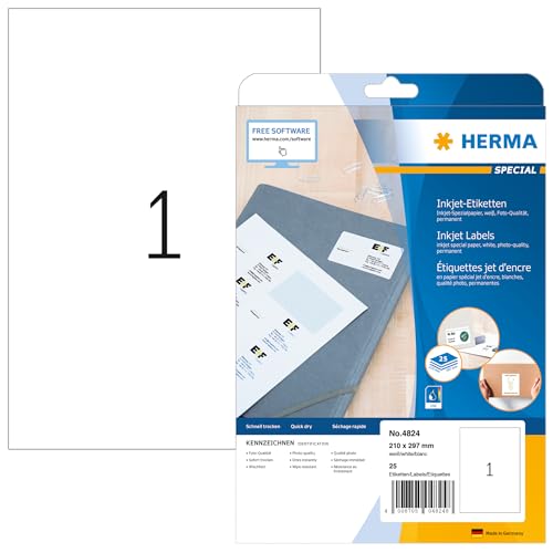 HERMA 4824 Universal Etiketten für Inkjet Drucker, 800 Blatt, 210 x 297 mm, 1 pro A4 Bogen, 800 Stück, selbstklebend, bedruckbar, matt, blanko Klebeetiketten Aufkleber für Tintenstrahldrucker, weiß von HERMA