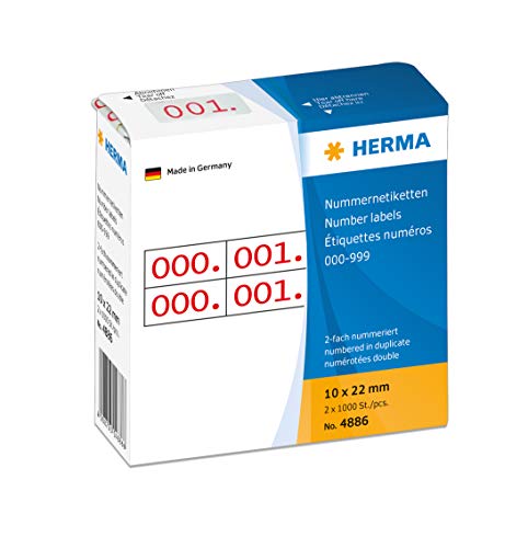 HERMA 4886 Nummernetiketten Zahlen 0-999, doppelt, 2000 Stück, 22 x 10 mm, selbstklebend, matt, 2fach fortlaufende Papier Zahlenetiketten Anlagenummern in Spenderbox, rot bedruckt von HERMA