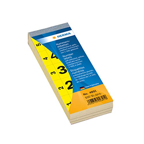 HERMA 4891 Nummernblock Zahlen 1-500, doppelt, 500 Stück, 56 x 28 mm, selbstklebend, matt, 2fach fortlaufende Papier Nummernetiketten Zahlenetiketten Anlagenummern, gelb von HERMA