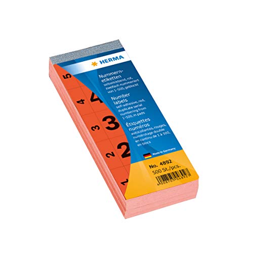 HERMA 4892 Nummernblock Zahlen 1-500, doppelt, 500 Stück, 56 x 28 mm, selbstklebend, matt, 2fach fortlaufende Papier Nummernetiketten Zahlenetiketten Anlagenummern, rot HERMA 4892 Nummernblock Zahlen 1-500, doppelt, 500 Stück, 56 x 28 mm, selbstklebend, matt, 2fach fortlaufende Papier Nummernetiketten Zahlenetiketten Anlagenummern, rot von HERMA