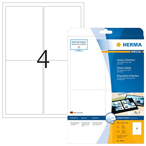 HERMA 4908 Hochglanz Etiketten, 25 Blatt, 96 x 139,7 mm, 4 pro A4 Bogen, 100 Stück, selbstklebend, bedruckbar, glänzend, blanko Glossy Papier Klebeetiketten Aufkleber, weiß von HERMA